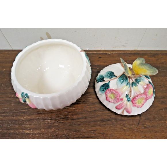 Fitz & Floyd Trinket Or Candy Dish Floral Green Leaves & Butterfly Handle 1992 - Picture 5 of 10